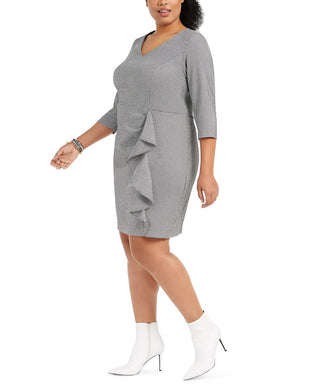 Betsey Johnson Women's Ruffled Houndstooth 3/4 Sleeve V Neck Above The Knee Sheath Wear To Work Dress Grey Size 18W