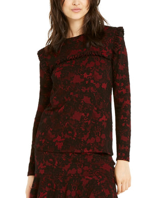 Michael Kors Women's Lace Print Ruffle Top Red Size Petite Medium