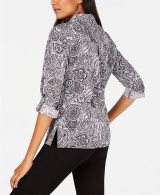 NY Collection Women's Printed Utility Shirt Black Size Petite Small
