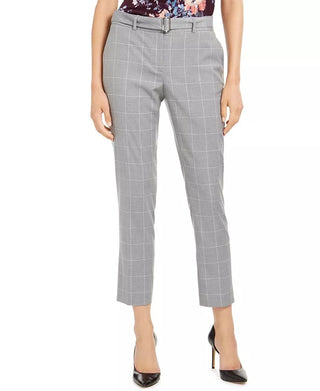 Calvin Klein Women's Belted Windowpane Skinny Pants Gray Size 6