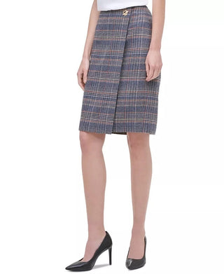 Calvin Klein Women's Plaid Knee Length Faux Wrap Wear To Work Skirt Brown Size 14 Petite