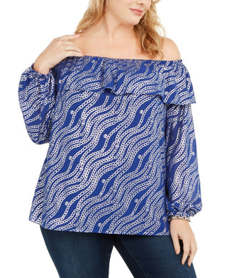 Michael Kors Women's Plus Printed Ruffled Off The Shoulder Top Blue Size 2X
