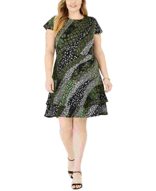 Michael Kors Women's Mixed Print Ruffled Fit & Flare Dress Green Size 1X