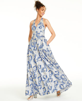 Speechless Junior's Metallic Floral Brocade Halter Gown Blue Size 1