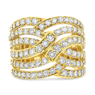 10K Yellow Gold 3.00 Cttw Diamond Multi Row Bypass Wave Cocktail Band Ring (J-K Color, I1-I2 Clarity) - Ring Size 8