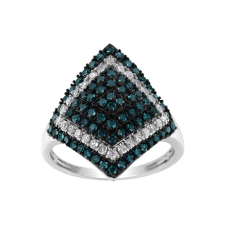 .925 Sterling Silver 1 Cttw White And Treated Blue Diamond Rhombus Cocktail Ring (Blue, I3) - Size 6