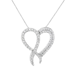 .925 Sterling Silver 1 Cttw Diamond Heart And Ribbon 18" Pendant Necklace (I-J Clarity, I2-I3 Color) - 18"