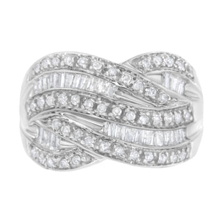 .925 Sterling Silver 1.0 Cttw Channel Set Alternating Round And Baguette Diamond Cross-Over Bypass Ring Band (I-J Color, I2-I3 Clarity) - Size 6