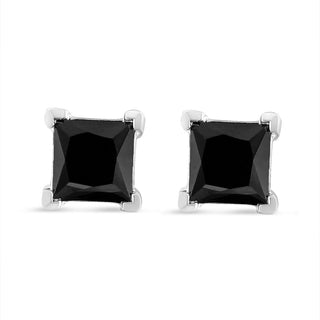 .925 Sterling Silver 4.00 Cttw Princess-Cut Square Black Diamond Classic 4-Prong Stud Earrings With Screw Backs (Fancy Color-Enhanced, I2-I3 Clarity)