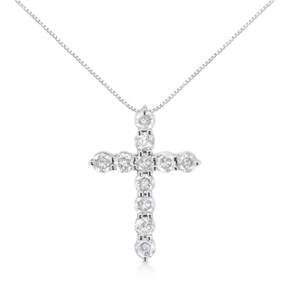.925 Sterling Silver 1.0 Cttw Prong Set Round-Cut Diamond Cross 18" Pendant Necklace (I-J Color, I2-I3 Clarity)