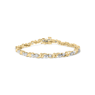 10K Yellow Gold Over .925 Sterling Silver 1/2 Cttw Diamond Contoured Double Wave Link 7" Tennis Bracelet (I-J Color, I3 Clarity)