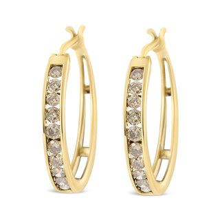 14K Yellow Gold Plated .925 Sterling Silver 1.0 Cttw Channel Set Champagne Diamond Hoop Earrings With Snap Post (K-L Color, I1-I2 Clarity)