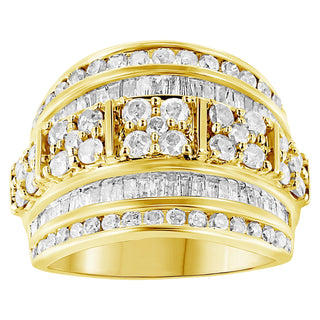 10K Yellow Gold Over .925 Sterling Silver 2.0 Cttw Round & Baguette Cut Diamond Multi-Row Channel Set Tapered Cocktail Fashion Ring (I-J Color, I3 Clarity) - Size 7