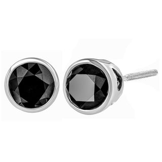 .925 Sterling Silver 2.00 Cttw Round Brilliant-Cut Black Diamond Bezel-Set Stud Earrings With Screw Backs (Fancy Color-Enhanced, I2-I3 Clarity)