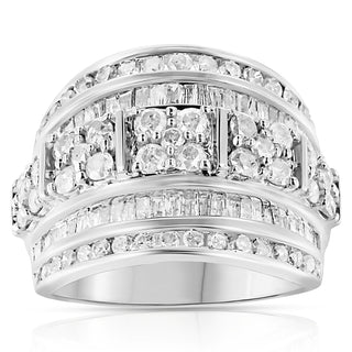 .925 Sterling Silver 2.0 Cttw Round & Baguette Cut Diamond Multi-Row Channel Set Tapered Cocktail Fashion Ring (I-J Color, I3 Clarity) - Size 7