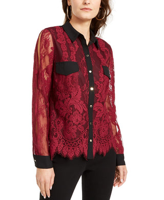 Thalia Sodi Women's Mixed-Media Button-Up Shirt Wine Size Small