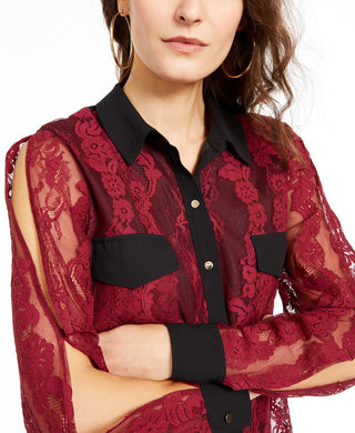 Thalia Sodi Women's Mixed-Media Button-Up Shirt Wine Size Small