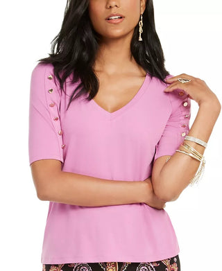 Thalia Sodi Women's Button-Sleeve V-Neck Top Brighr Pink Size Small