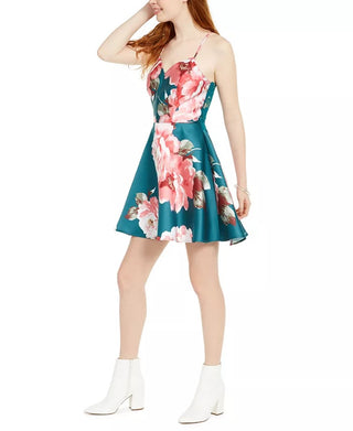 City Studios Juniors' Lace-Back Floral-Print Fit & Flare Dress Green Size 13