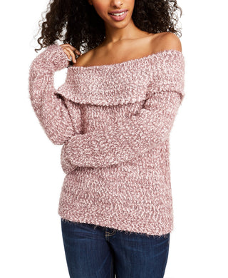 Freshman Juniors' Off-The-Shoulder Fuzzy Sweater Pink Size Small