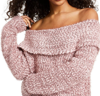 Freshman Juniors' Off-The-Shoulder Fuzzy Sweater Pink Size Small