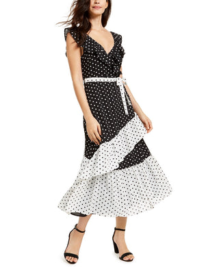 Q & A Women's Dot-Print Faux-Wrap Maxi Dress Black Size Small