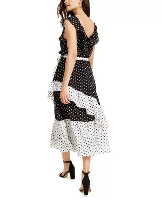 Q & A Women's Dot-Print Faux-Wrap Maxi Dress Black Size Small