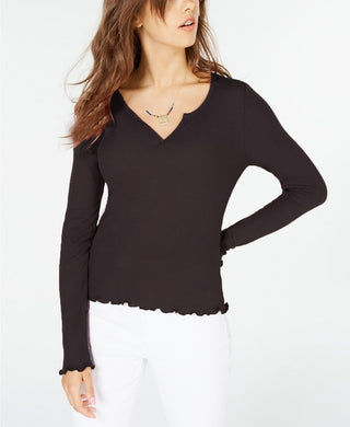 Hippie Rose Juniors' Waffle-Knit Lettuce-Edge Top Black Size Extra Small