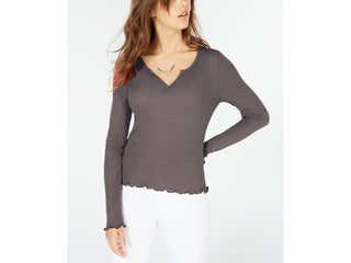 Hippie Rose Juniors' Waffle-Knit Lettuce-Edge Top Gray Size Extra Small