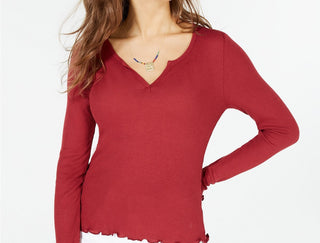 Hippie Rose Women's Juniors' Waffle-Knit Lettuce-Edge Top Bright Red Size Extra Large