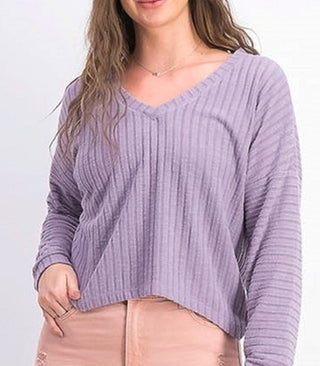 Hippie Rose Juniors' Cozy V-Neck Ribbed Top Lilac Size Extra Small