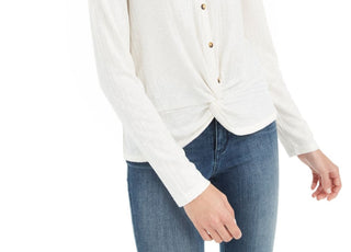 Hippie Rose Juniors Women's Twist-Front Button-Up Top White Size Medium