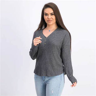 Hippie Rose Juniors' Henley Waffle Knit Top Steel Gray Size Extra Small