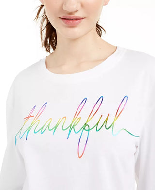 Rebellious One Junior's Thankful Long Sleeve Cotton T-Shirt White Size Small