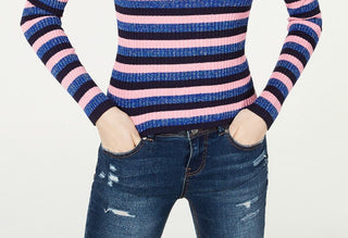 Hooked Up By Iot Juniors' Shine Striped RibKnit Sweater Blue Size Large