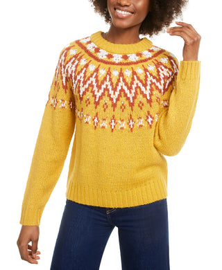 Hooked Up By Lot Juniors' Fair Isle Crewneck Sweater Yellow Size Small