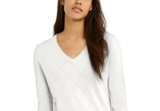 Tommy Hilfiger Women's Studded Argyle Cotton Sweater White Size XX Large