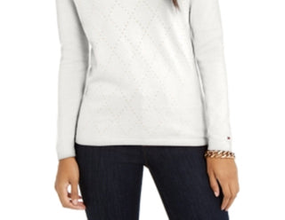 Tommy Hilfiger Women's Studded Argyle Cotton Sweater White Size XX Large