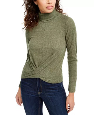 Crave Fame Juniors' Cozy Twist-Front Turtleneck Top Green Size Small