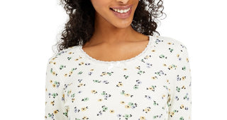 Polly & Esther Juniors' Lace-Trim Floral-Print Thermal Top White Size X-Small
