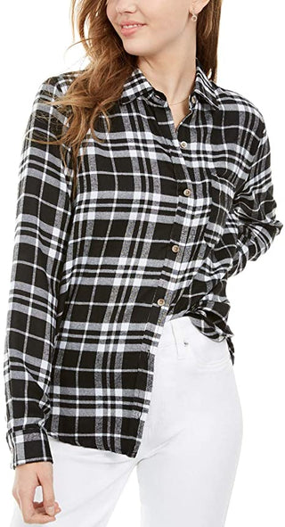 Polly & Esther Juniors Women's Plaid Utility Shirt Black Size Small