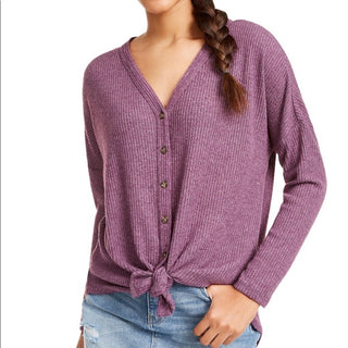 Ultra Flirt Juniors' Cozy Ribbed Tie-Front Top Purple Size Small