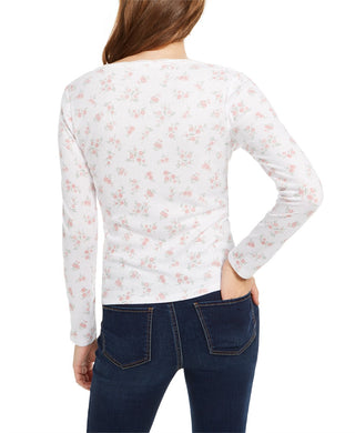 Ultra Flirt Juniors'  Floral Print Lace-Trimmed Top White Size Large