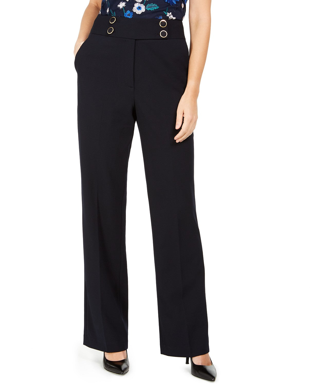 Calvin Klein Women's High-Rise Buttoned-Waist Dress Pants Navy