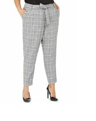 Calvin Klein Women's Plaid Tie-Waist Pants Silver Size 14