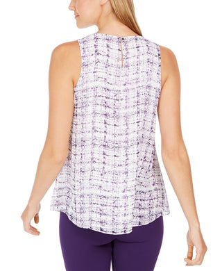 Calvin Klein Women's Sleeveless Printed Pleat-Neck Top Purple Size Medium