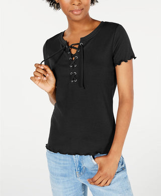 Hippie Rose Junior's Lace Up Rib Knit Top Black Size X-Small