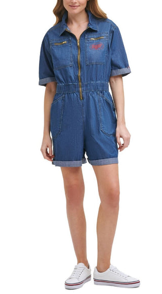 Tommy Jeans Women's Denim Zippered Pocketed Elastic Waist Logo Graphic Elbow Sleeve Collared Romper Blue Size Small