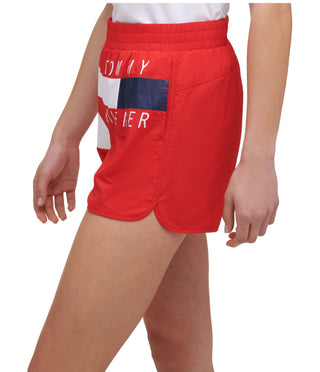 Tommy Hilfiger Women's Stretch Pocketed Interior Briefs Elastic Waist Logo Graphic Active Wear Shorts Red Size Large