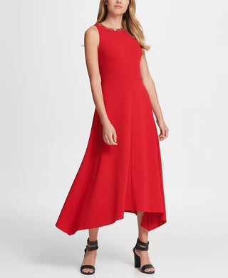 DKNY Women's Gold Link Neck Trim Midi Dress Red Size 2